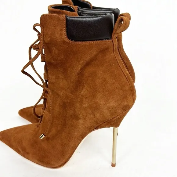 NEW Good American Rust Orange Suede Leather Lace Up Gold Stiletto High Heels