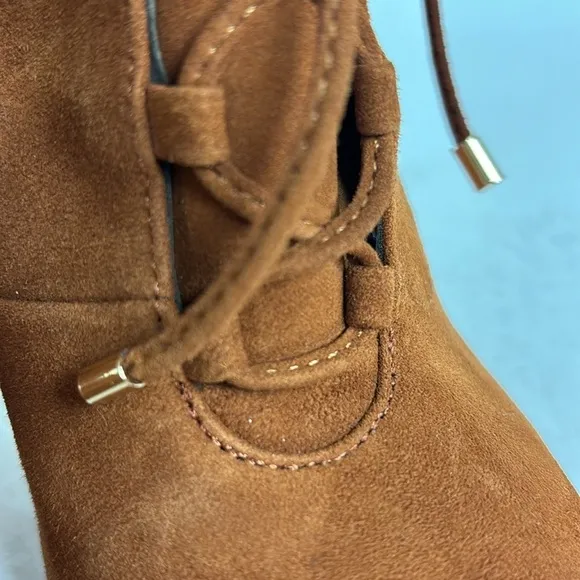 NEW Good American Rust Orange Suede Leather Lace Up Gold Stiletto High Heels