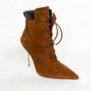 NEW Good American Rust Orange Suede Leather Lace Up Gold Stiletto High Heels