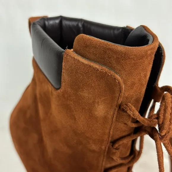 NEW Good American Rust Orange Suede Leather Lace Up Gold Stiletto High Heels