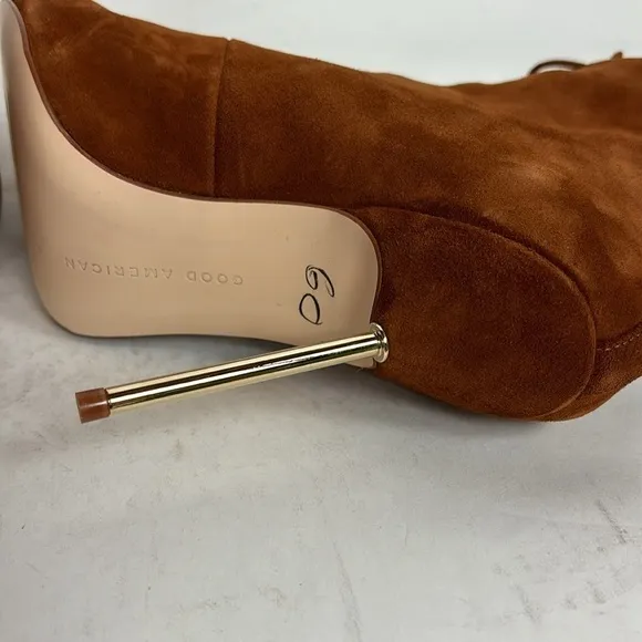 NEW Good American Rust Orange Suede Leather Lace Up Gold Stiletto High Heels