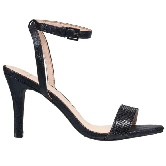 New HALSTON Party Sandal Heel shiny black strap ankle cross high heel 6.5