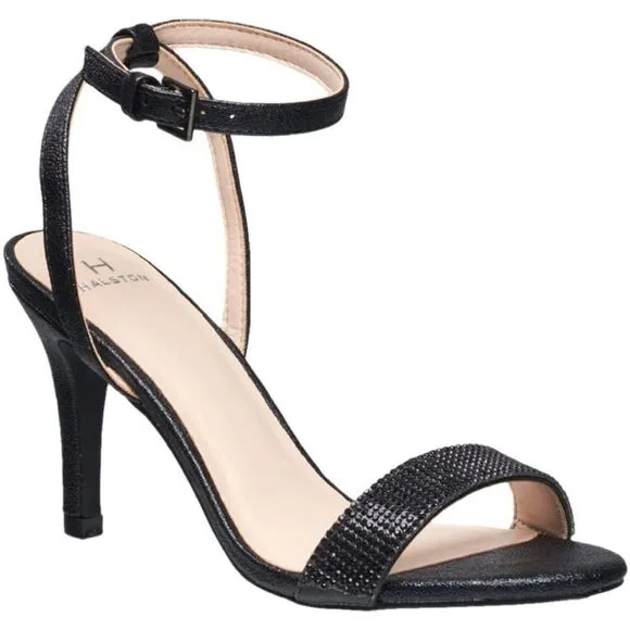 New HALSTON Party Sandal Heel shiny black strap ankle cross high heel 6.5