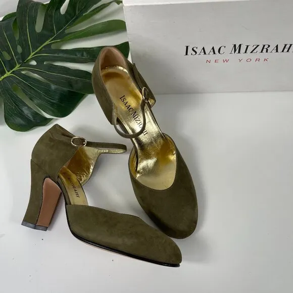 New Isaac Mizrahi Women's Olive Suede Ankle Strap Stiletto Heel Sandal Size 6.5B