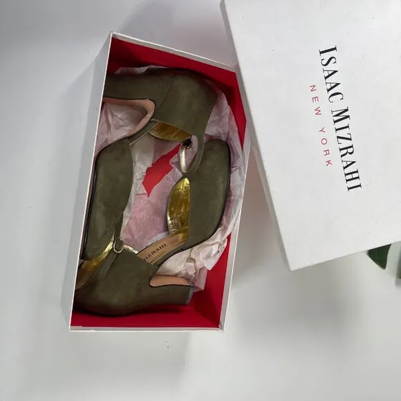 New Isaac Mizrahi Women's Olive Suede Ankle Strap Stiletto Heel Sandal Size 6.5B