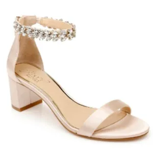 NEW Jewel Badgley Mischka Bradley Crystal Strap Block Heels Champagne Sandals 8