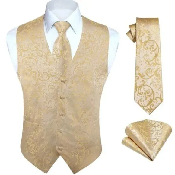 New Men's 3pc Formal Waistcoat Tuxedo Suit Yellow Gold
