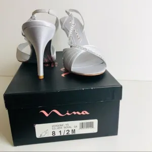 New Nina Silver Satin Rhinestones Slingback Size 8.5 Heel Dress Shoes