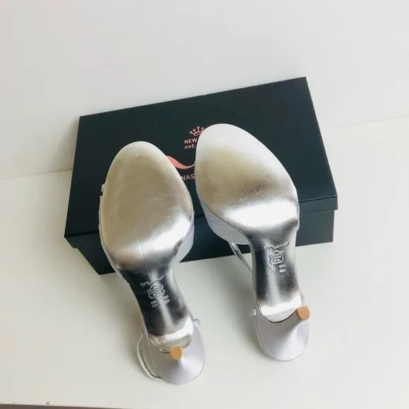 New Nina Silver Satin Rhinestones Slingback Size 8.5 Heel Dress Shoes