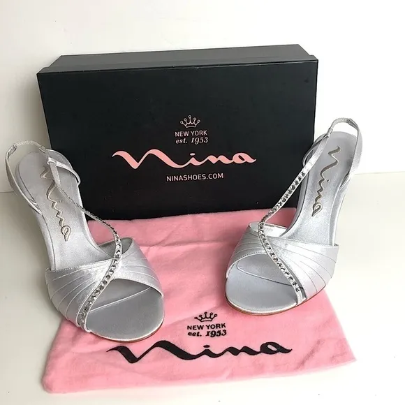 New Nina Silver Satin Rhinestones Slingback Size 8.5 Heel Dress Shoes