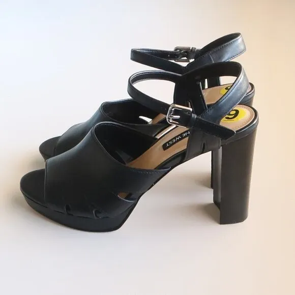 NEW Nine West Delilah Black Leather Slingback Platform Heels / Sandals / Shoes 9