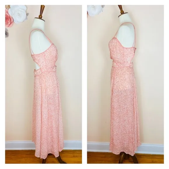 New! REISS London Nerissa Printed Cut-Out Slit Midi Dress in Peach Pink