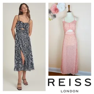 New! REISS London Nerissa Printed Cut-Out Slit Midi Dress in Peach Pink