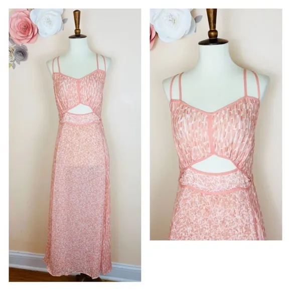 New! REISS London Nerissa Printed Cut-Out Slit Midi Dress in Peach Pink