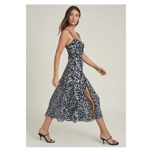 New! REISS London Nerissa Printed Cut-Out Slit Midi Dress in Peach Pink