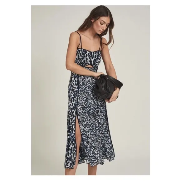 New! REISS London Nerissa Printed Cut-Out Slit Midi Dress in Peach Pink