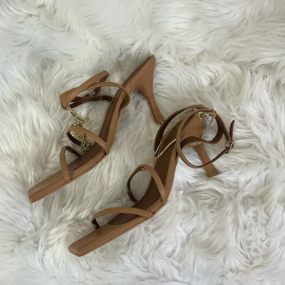 NEW REVOLVE Alohas Camel Chain Strap Leather Heeled Open Square Toe Sandals 8.5