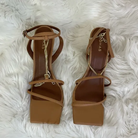 NEW REVOLVE Alohas Camel Chain Strap Leather Heeled Open Square Toe Sandals 8.5