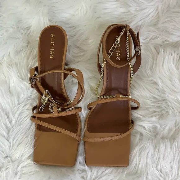 NEW REVOLVE Alohas Camel Chain Strap Leather Heeled Open Square Toe Sandals 8.5
