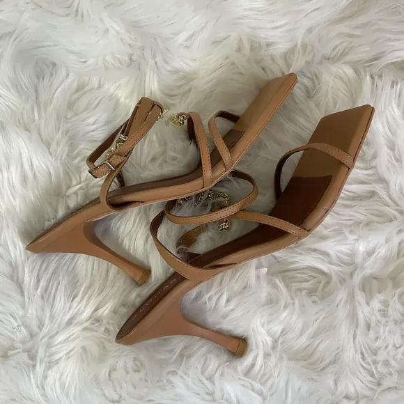 NEW REVOLVE Alohas Camel Chain Strap Leather Heeled Open Square Toe Sandals 8.5