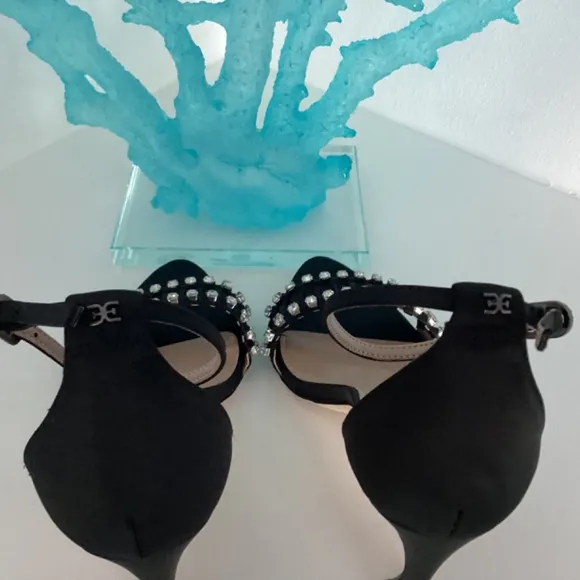 NEW SAM EDELMAN BLACK SATIN CRYSTAL EMBELLISHED SANDALS HEELS SHOES Sz 7