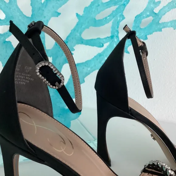 NEW SAM EDELMAN BLACK SATIN CRYSTAL EMBELLISHED SANDALS HEELS SHOES Sz 7
