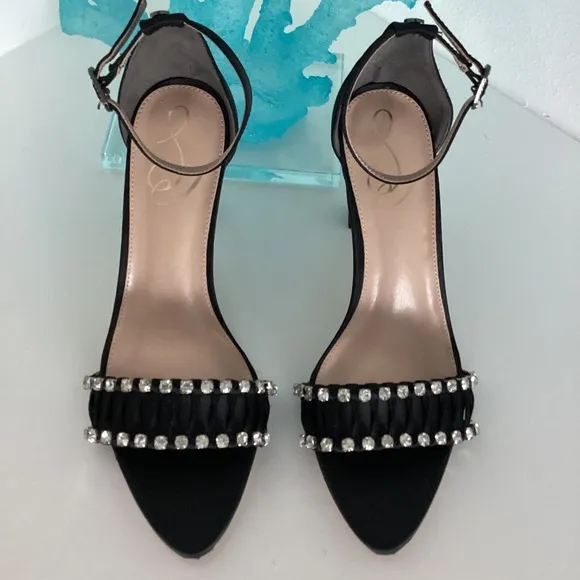 NEW SAM EDELMAN BLACK SATIN CRYSTAL EMBELLISHED SANDALS HEELS SHOES Sz 7