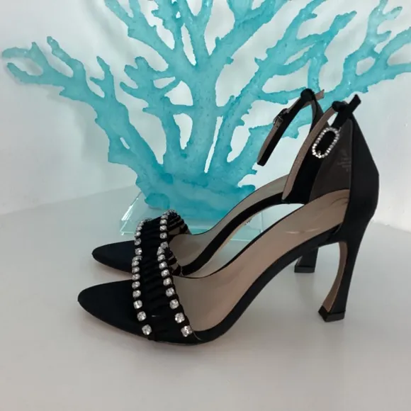 NEW SAM EDELMAN BLACK SATIN CRYSTAL EMBELLISHED SANDALS HEELS SHOES Sz 7