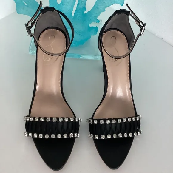 NEW SAM EDELMAN BLACK SATIN CRYSTAL EMBELLISHED SANDALS HEELS SHOES Sz 7