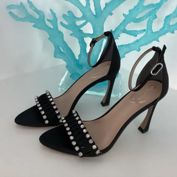 NEW SAM EDELMAN BLACK SATIN CRYSTAL EMBELLISHED SANDALS HEELS SHOES Sz 7
