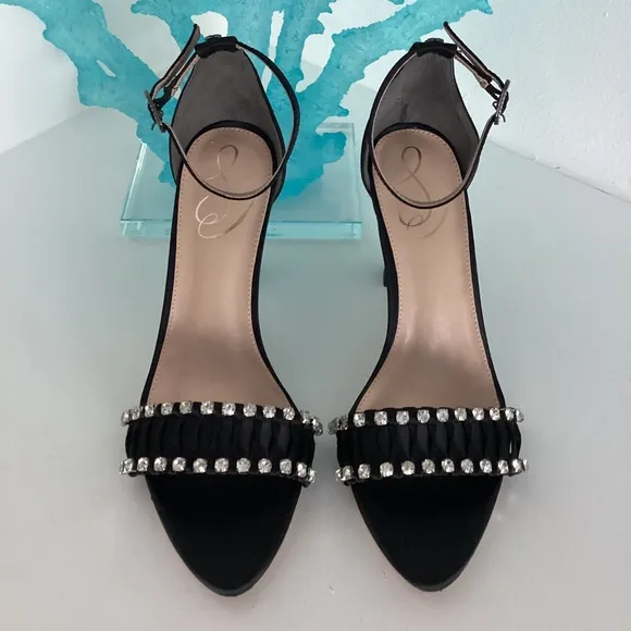 NEW SAM EDELMAN BLACK SATIN CRYSTAL EMBELLISHED SANDALS HEELS SHOES Sz 7