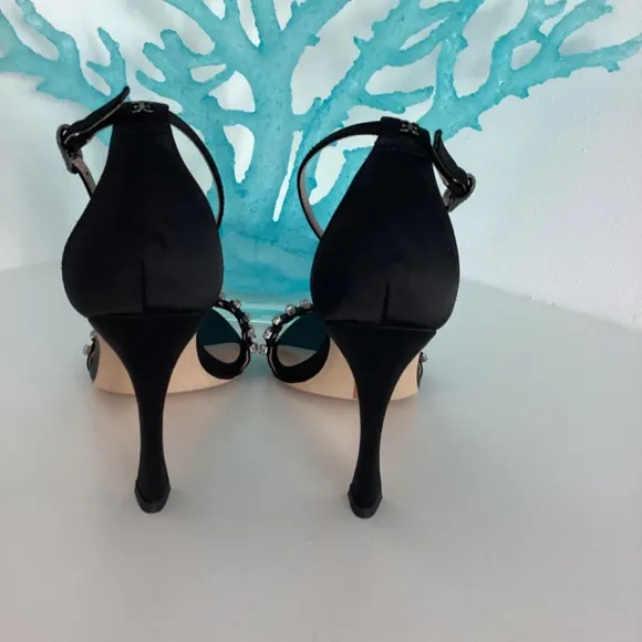NEW SAM EDELMAN BLACK SATIN CRYSTAL EMBELLISHED SANDALS HEELS SHOES Sz 7