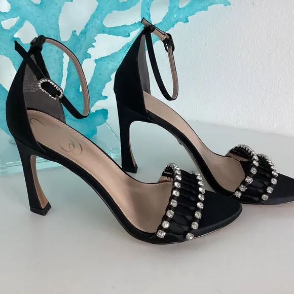 NEW SAM EDELMAN BLACK SATIN CRYSTAL EMBELLISHED SANDALS HEELS SHOES Sz 7