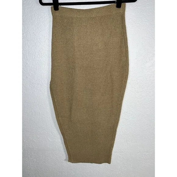 New Ser.o.ya Midi Skirt Tan Stretch Sweater Knit Bodycon Slit Medium NWTS F1