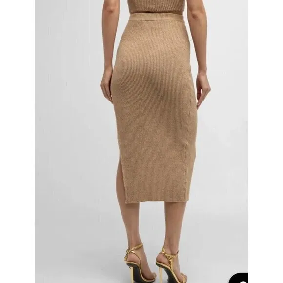 New Ser.o.ya Midi Skirt Tan Stretch Sweater Knit Bodycon Slit Medium NWTS F1
