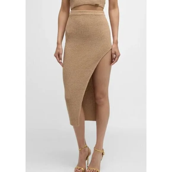 New Ser.o.ya Midi Skirt Tan Stretch Sweater Knit Bodycon Slit Medium NWTS F1