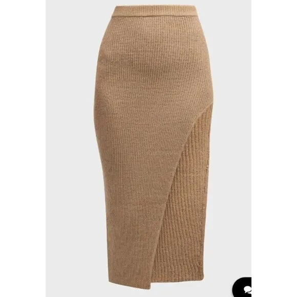 New Ser.o.ya Midi Skirt Tan Stretch Sweater Knit Bodycon Slit Medium NWTS F1