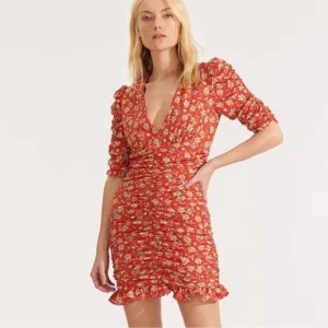 NEW! VERONICA BEARD Silk Josephine Ruched Floral Dress Red Multi 0 Wedding Event