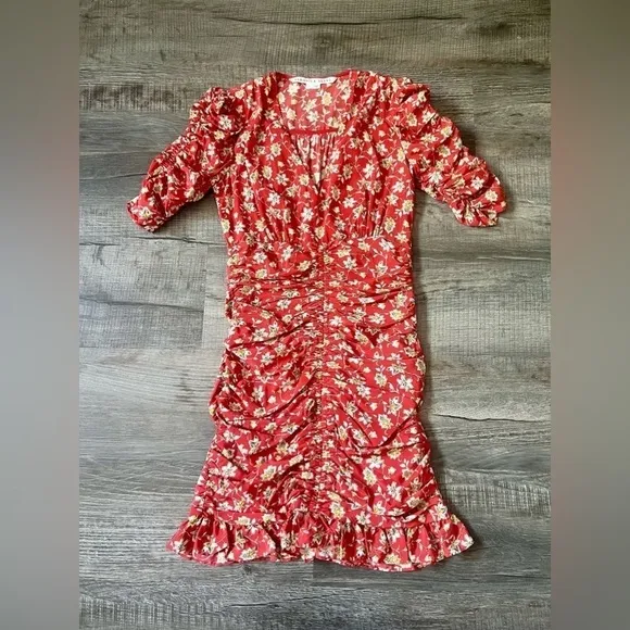 NEW! VERONICA BEARD Silk Josephine Ruched Floral Dress Red Multi 0 Wedding Event