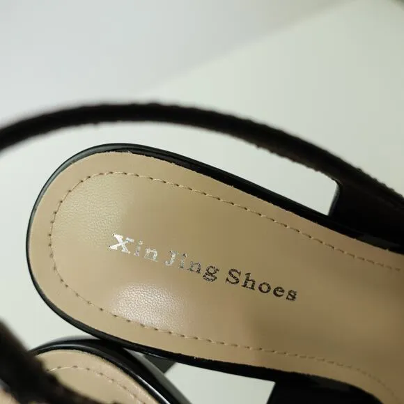 NEW Xin Jing Shoes Pump Slingback Kitten Heel Pointed Toe Leather Black Size 37