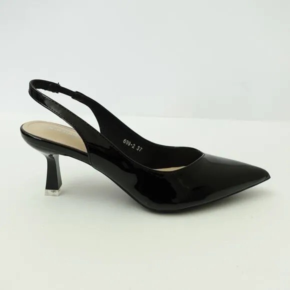 NEW Xin Jing Shoes Pump Slingback Kitten Heel Pointed Toe Leather Black Size 37