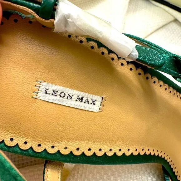 NIB Leon Max emerald green satin block ruffle slingback high heels size 38  7.5