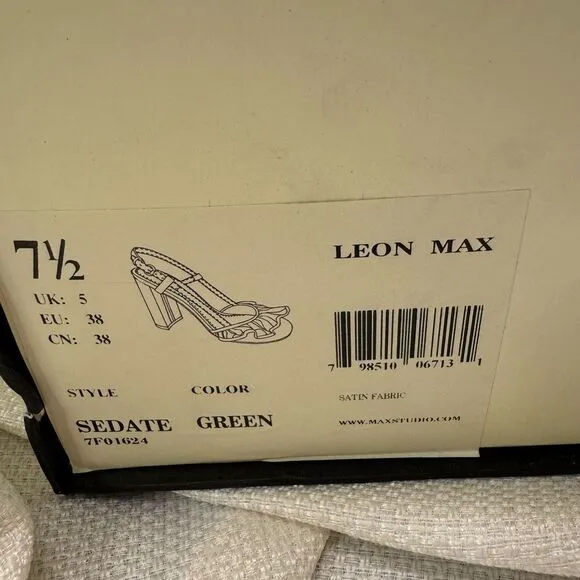 NIB Leon Max emerald green satin block ruffle slingback high heels size 38  7.5