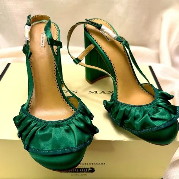 NIB Leon Max emerald green satin block ruffle slingback high heels size 38  7.5
