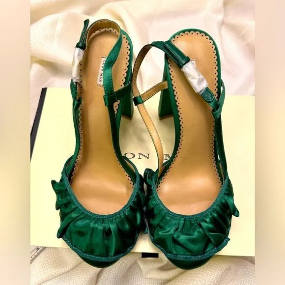 NIB Leon Max emerald green satin block ruffle slingback high heels size 38  7.5