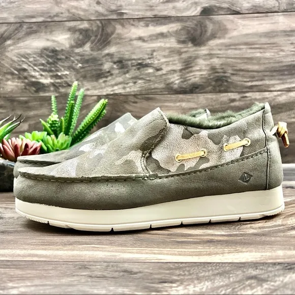 NIB Sperry Moc Sider Metallic Camo Indoor Outdoor Moc Sneakers Faux Fur 9M 40