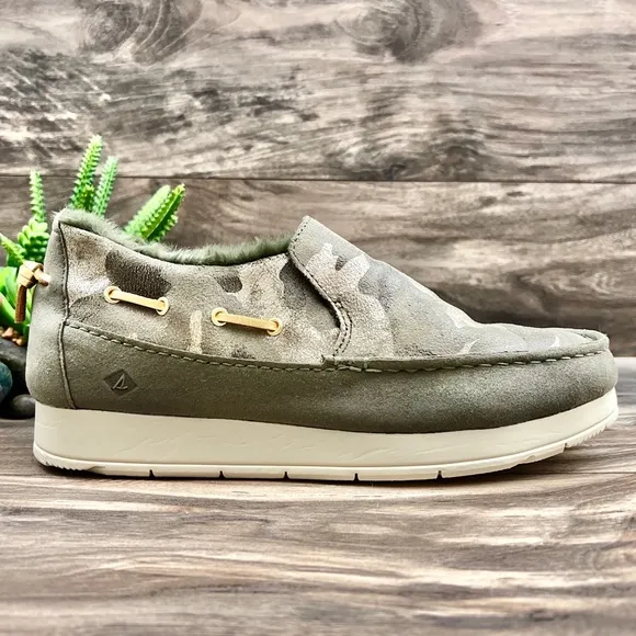 NIB Sperry Moc Sider Metallic Camo Indoor Outdoor Moc Sneakers Faux Fur 9M 40