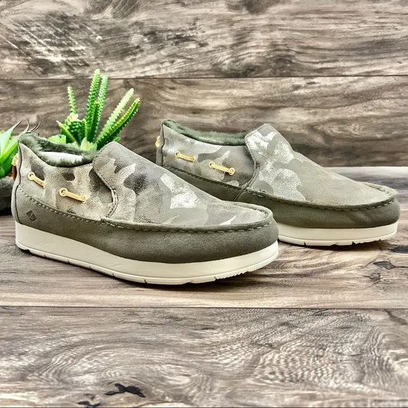 NIB Sperry Moc Sider Metallic Camo Indoor Outdoor Moc Sneakers Faux Fur 9M 40