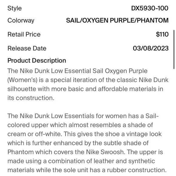 Nike Dunk Low Sail Oxygen Purple Phantom Size 9 Women DX5930-100