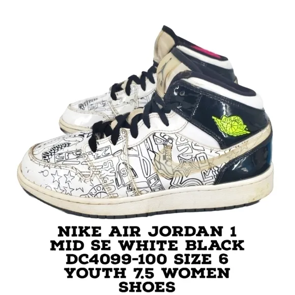 Nike Shoes 6 Youth 7.5 Women Air Jordan 1 Mid SE White Black DC4099-100